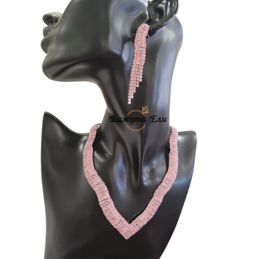 Комплект колие , обеци и гривна розови кристали