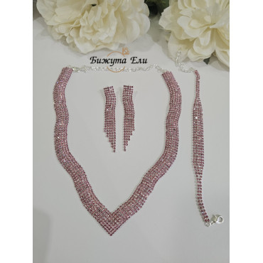Комплект колие , обеци и гривна розови кристали