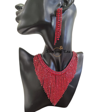 Комплект колие с обеци червени кристали