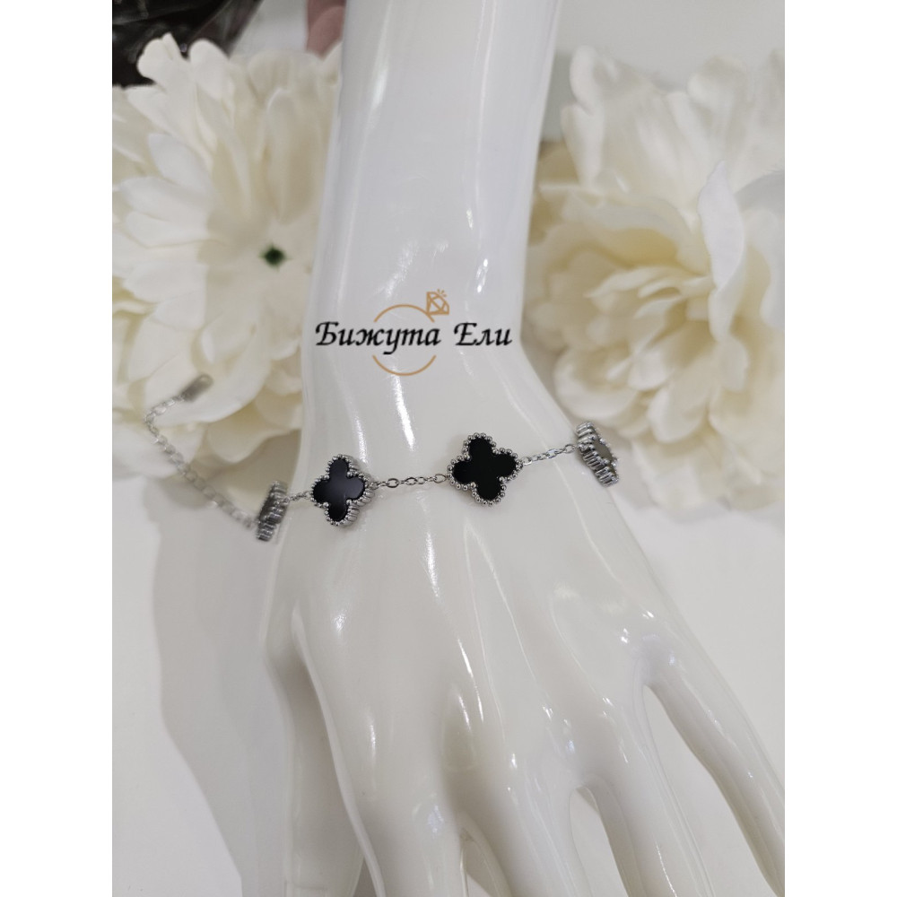 Дамска гривна стомана черни детелини