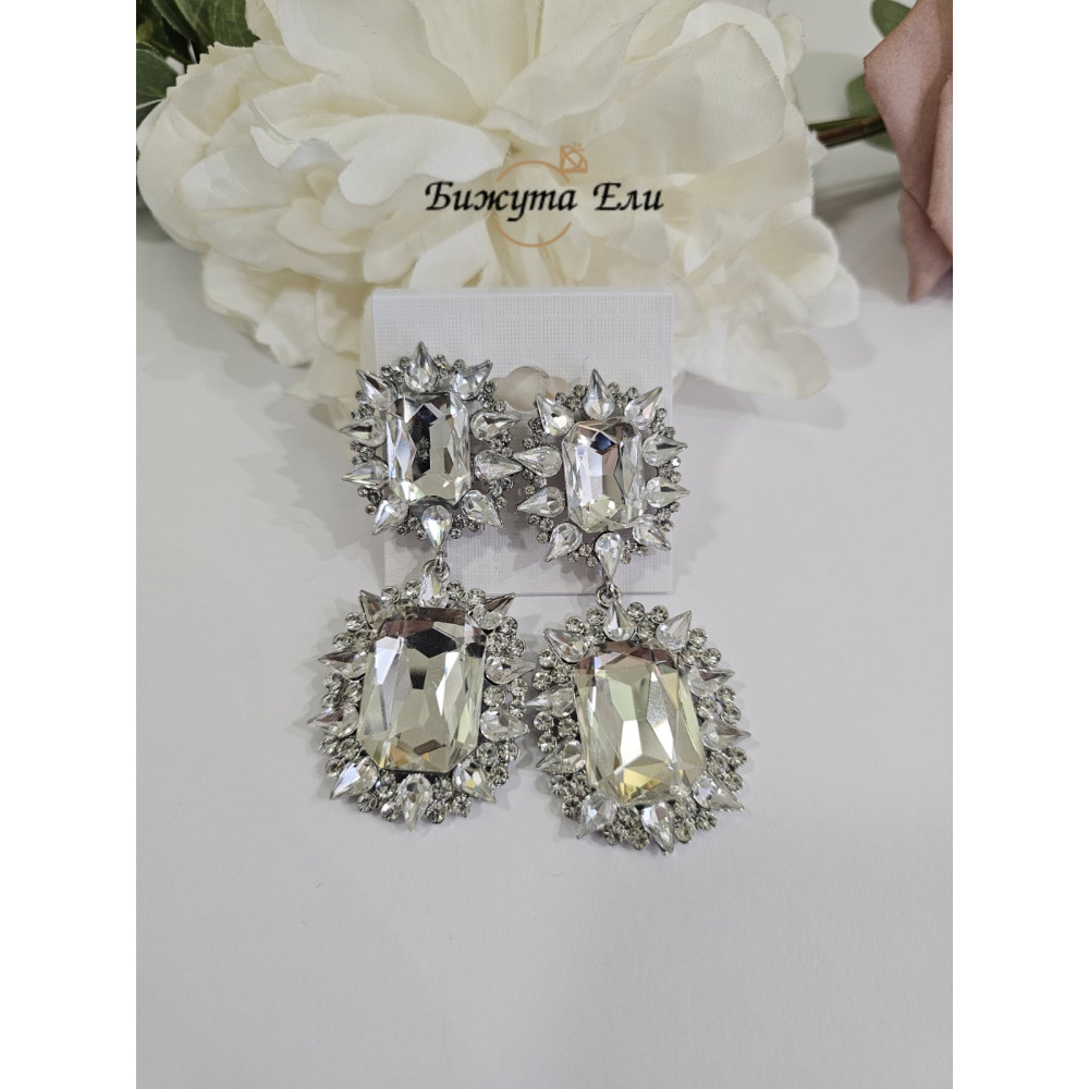 Обеци с клипс - бели кристали